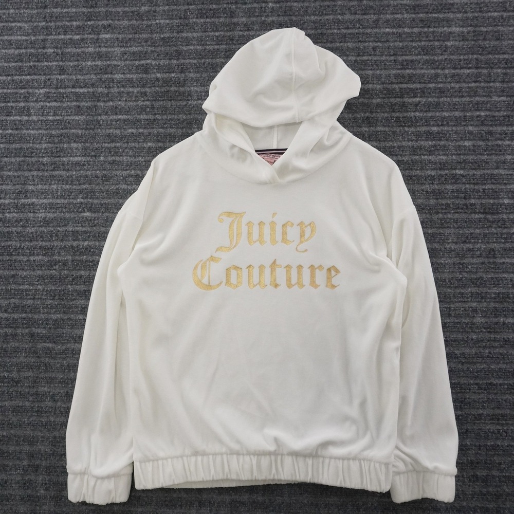 Juicy Couture Hoodie Kids Size XL 16 White Gold Logo Velour Pullover Sweatshirt